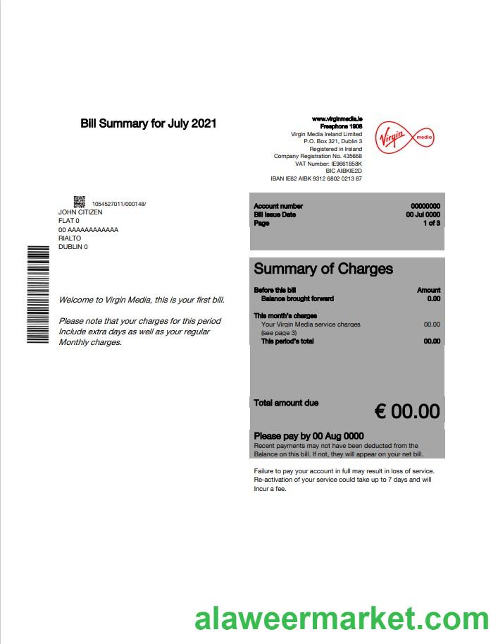 Ireland Virgin Media utility bill template editable in Word and PDF, version 1